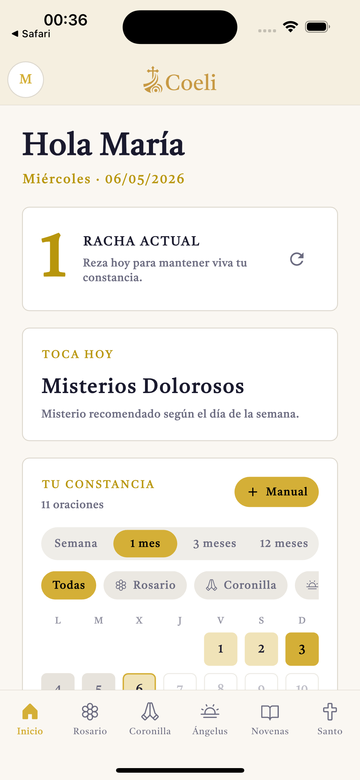 Tela inicial da Coeli com Rosário, Coroa da Divina Misericórdia e o resumo da sua vida de oração.
