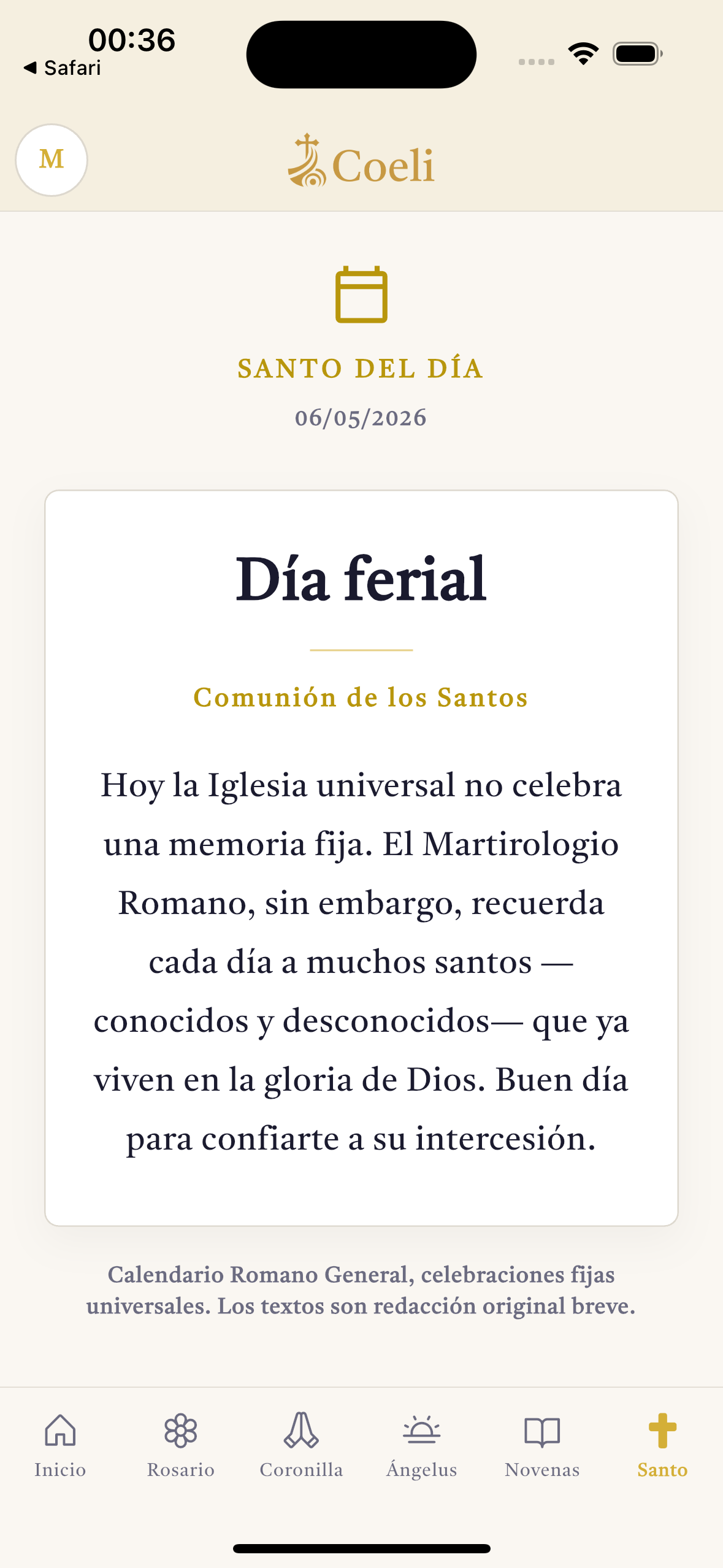 Tela do santo do dia na Coeli.